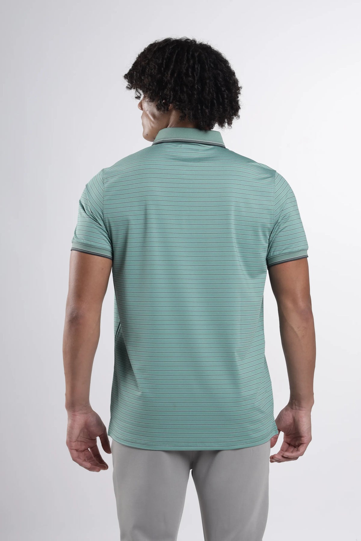 AeroLux Signature Polo T-Shirt in thyme, back view showing the fine stripe pattern and tipped collar