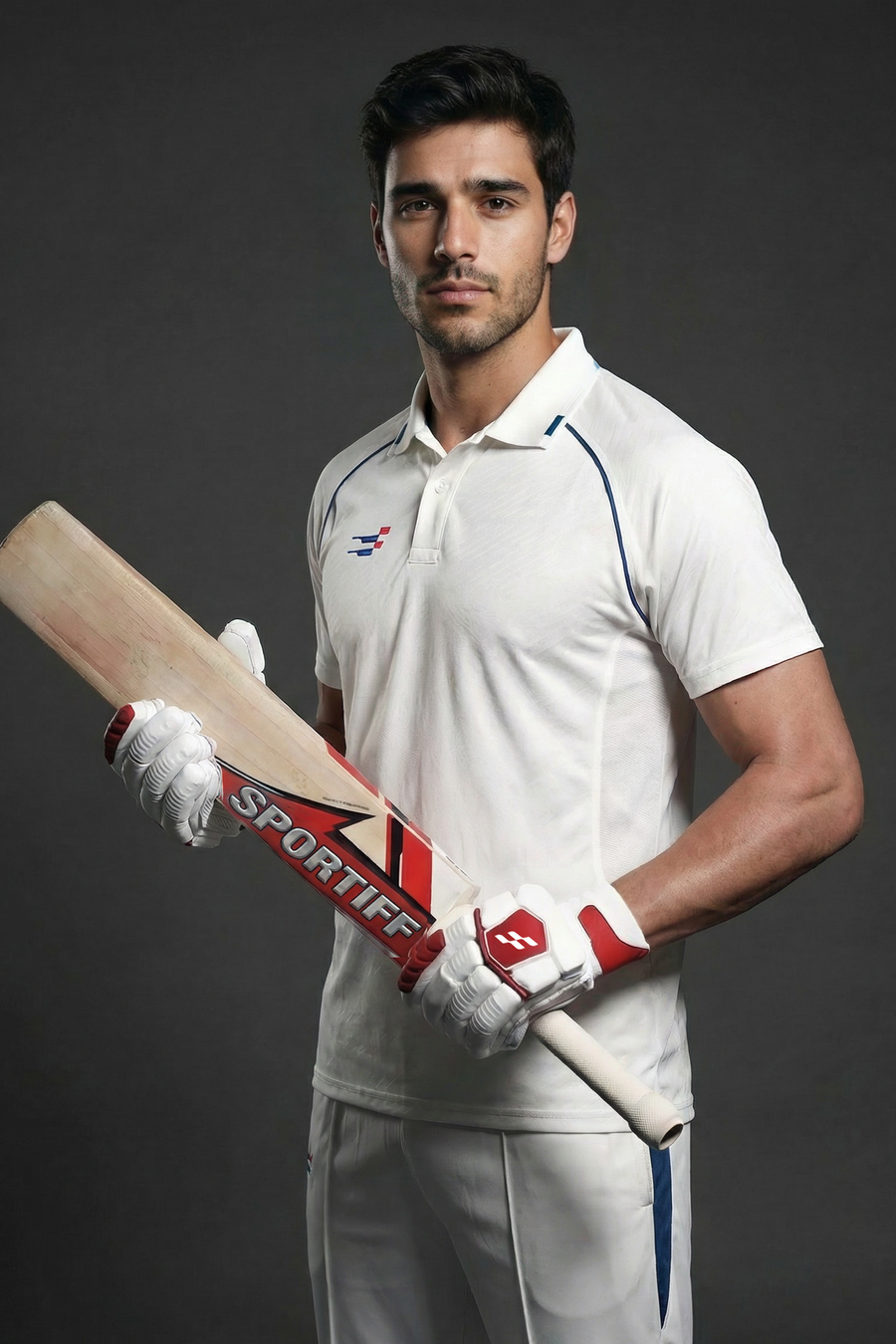 Cobra-Pro Cricket Whites T-Shirt in white, half sleeve, worn by a model holding a cricket bat and gloves