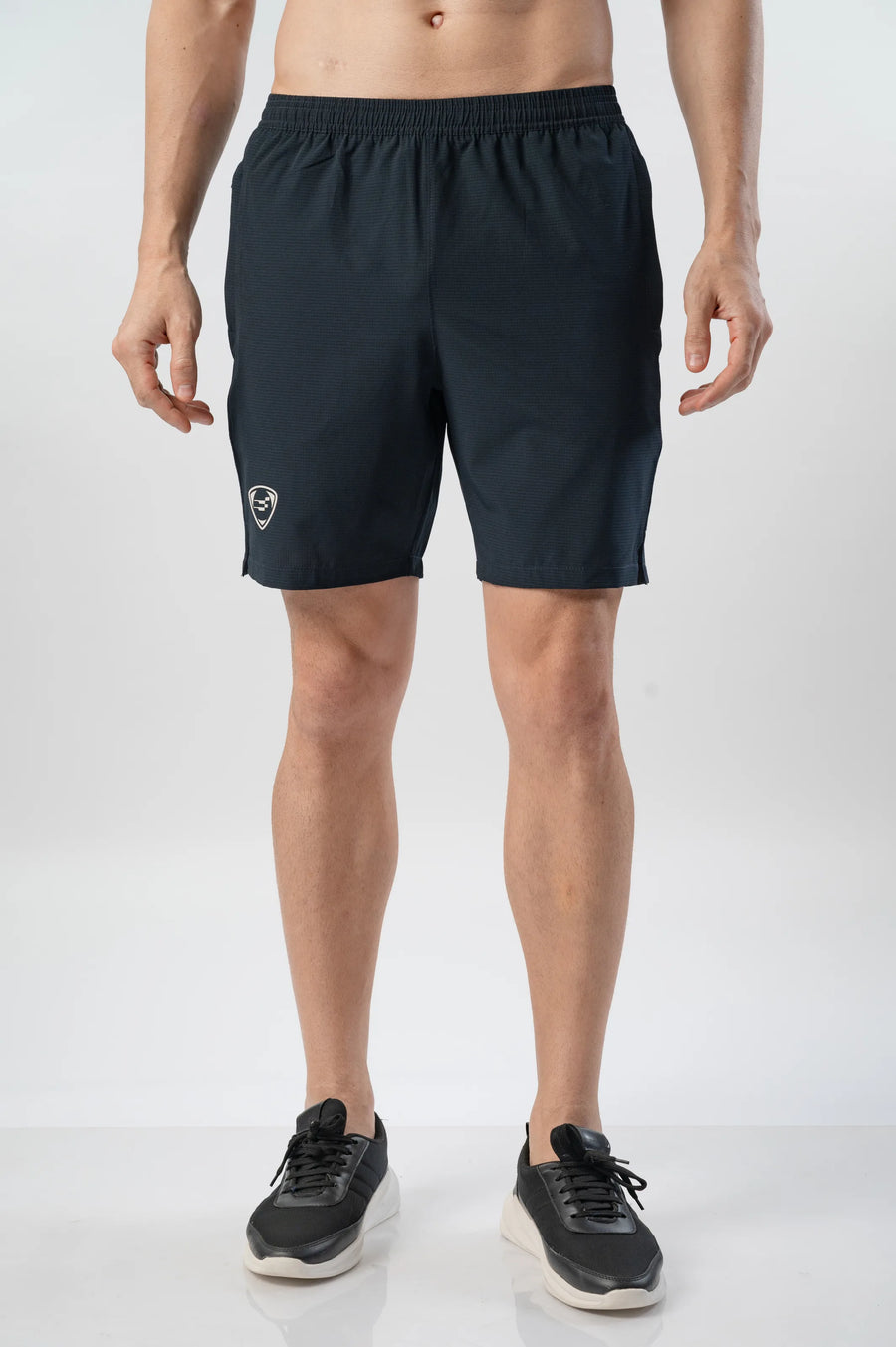 Fast-Track Running Shorts in navy, front view on a model