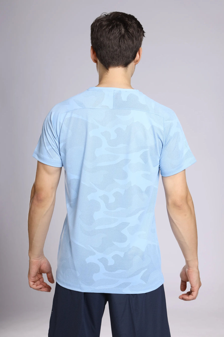 Fit-Gear HydroVent T-Shirt in skyfall, back view showing the vented camo-patterned jacquard panels