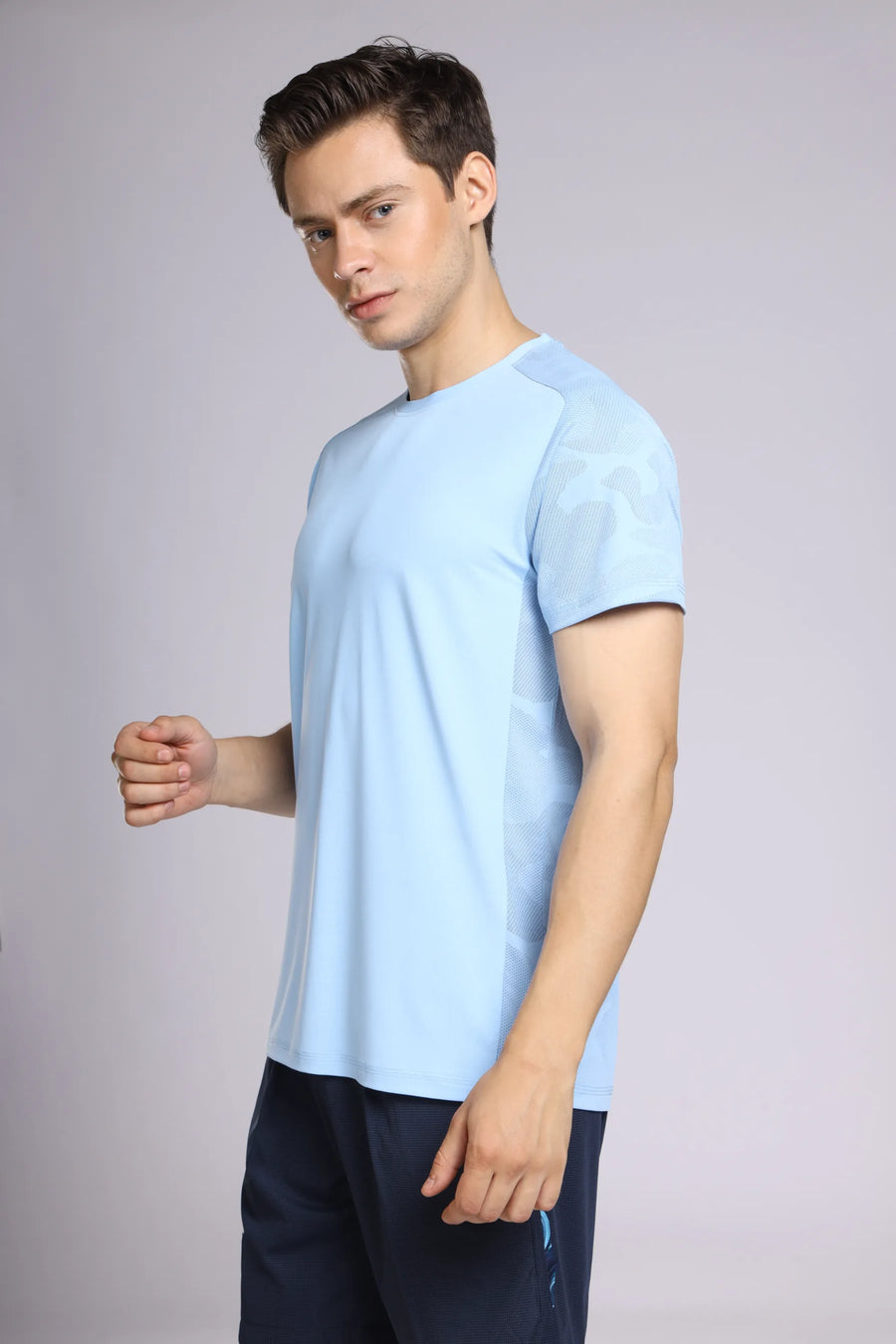 Fit-Gear HydroVent T-Shirt in skyfall, angled side view showing the camo-patterned vented sleeve and side panel