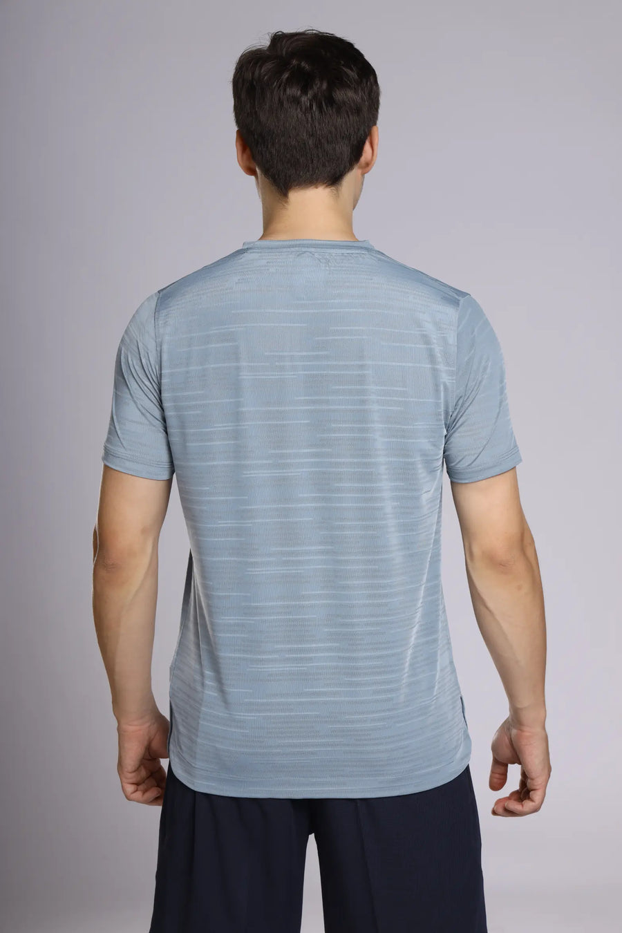 Fit-Gear Iron T-Shirt in steel grey, back view showing the linear knit texture