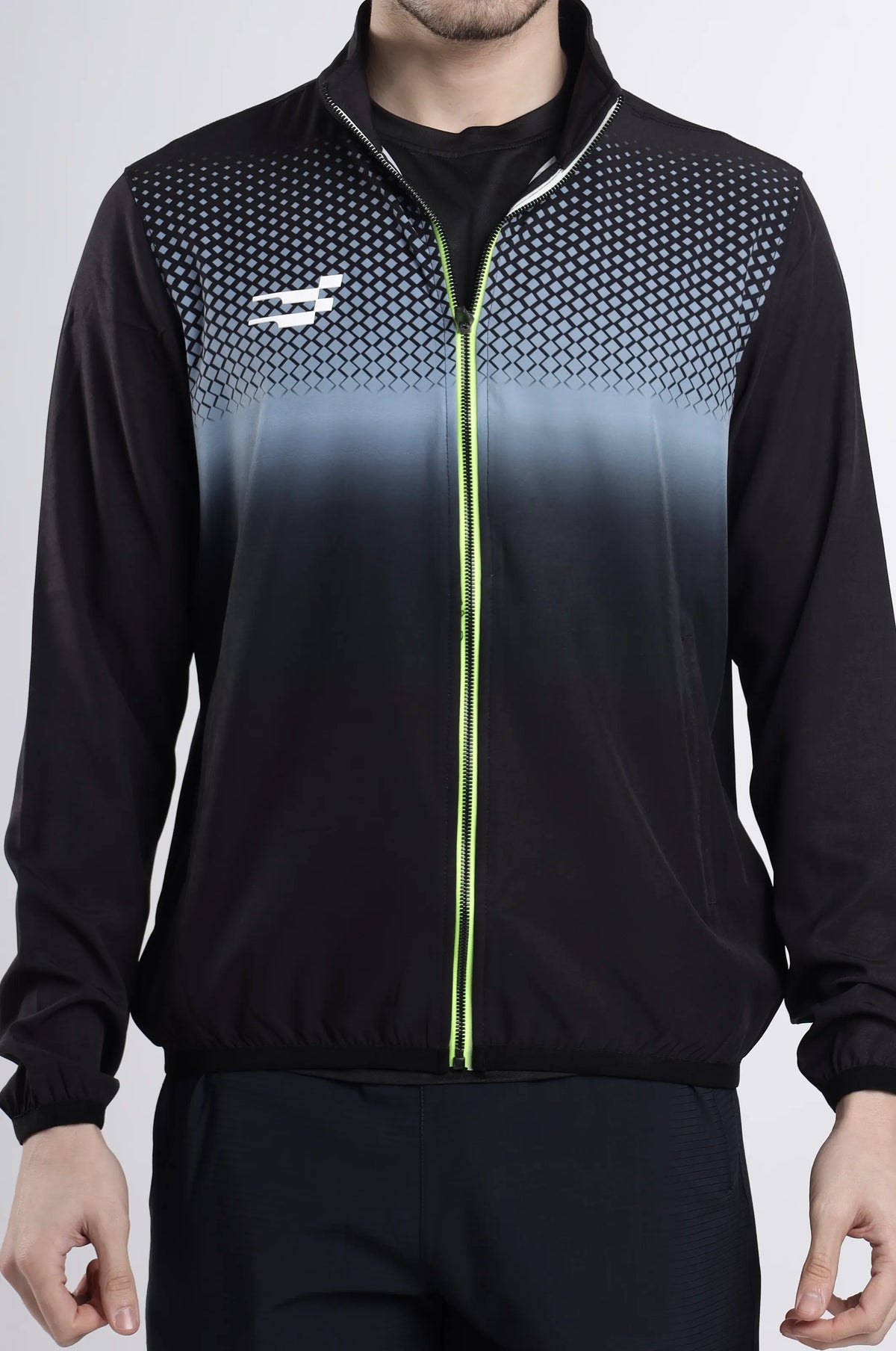 Nano-Shell Lightweight Performance Track Top in black, front torso view showing the logo and lime zip
