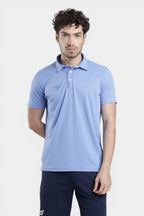 Sportiff brilliant blue performance polo t-shirt with snap button placket and breathable square tank knit fabric.