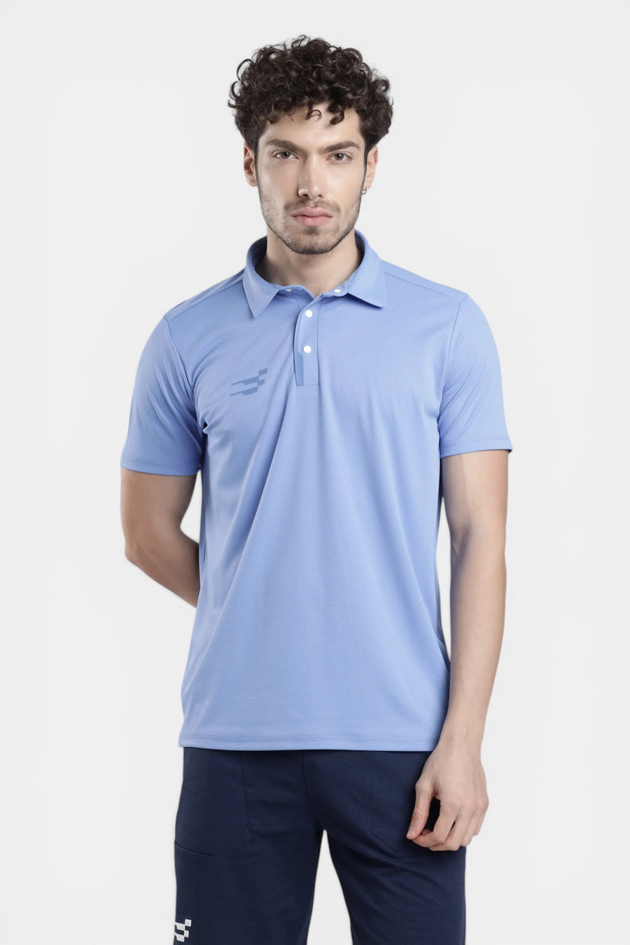 Sportiff brilliant blue performance polo t-shirt with snap button placket and breathable square tank knit fabric.