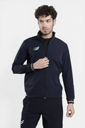 Sportiff navy blue woven shell and stretch performance track top with zip closure and striped cuffs.