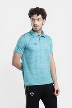 Sportiff Pulseline Performance Polo in scuba blue, made from breathable jacquard knit fabric for training or casual wear.